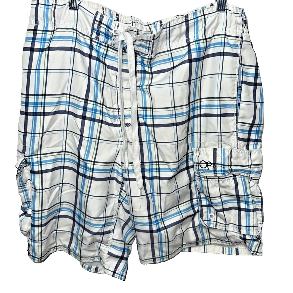 Ocean Pacific OP White Blue Plaid Swim Shorts Men's Size Large 36-38 Surf Trunks